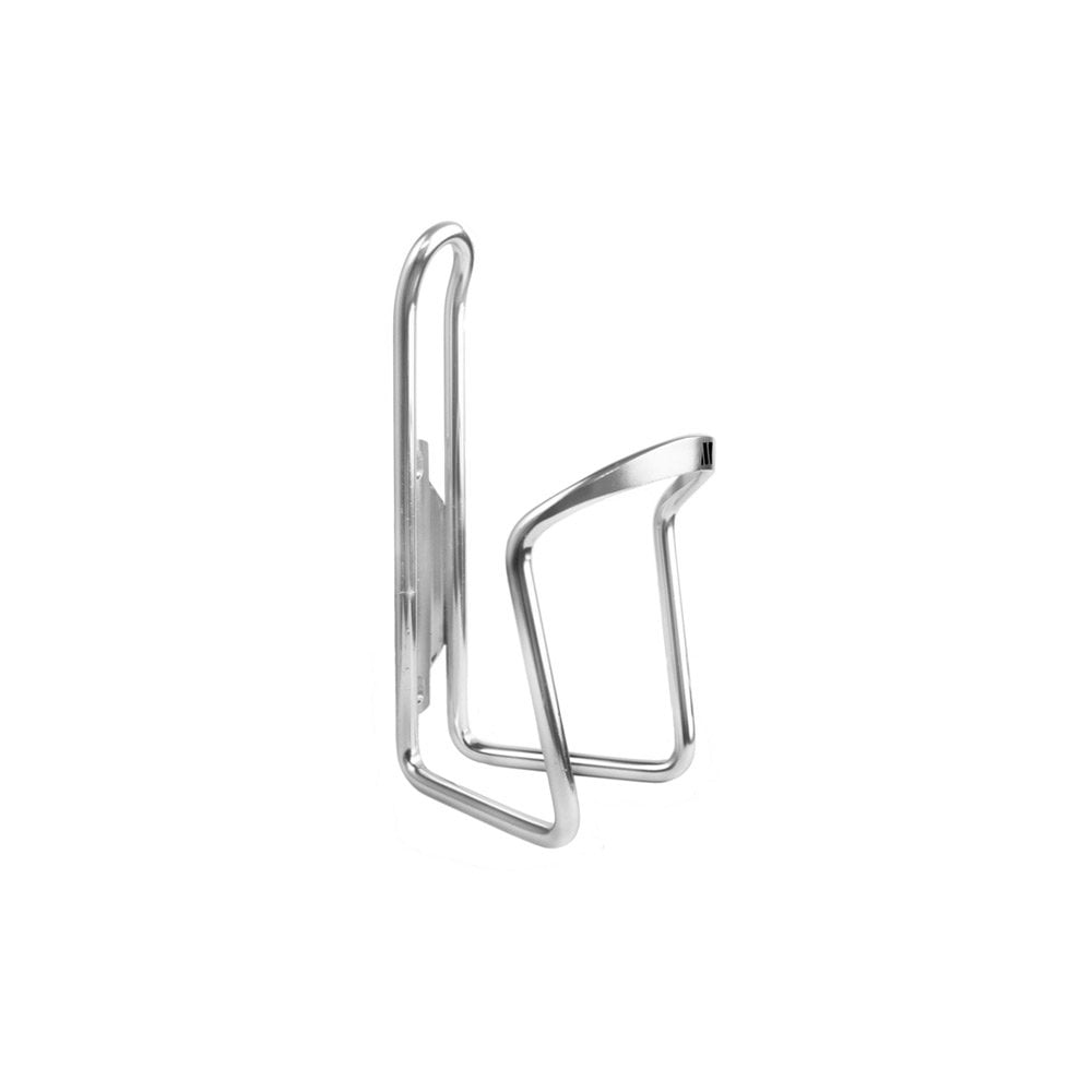 Silver M Part aluminium bottle cage with adjustable design, mounted on a bike for secure water bottle holding.
