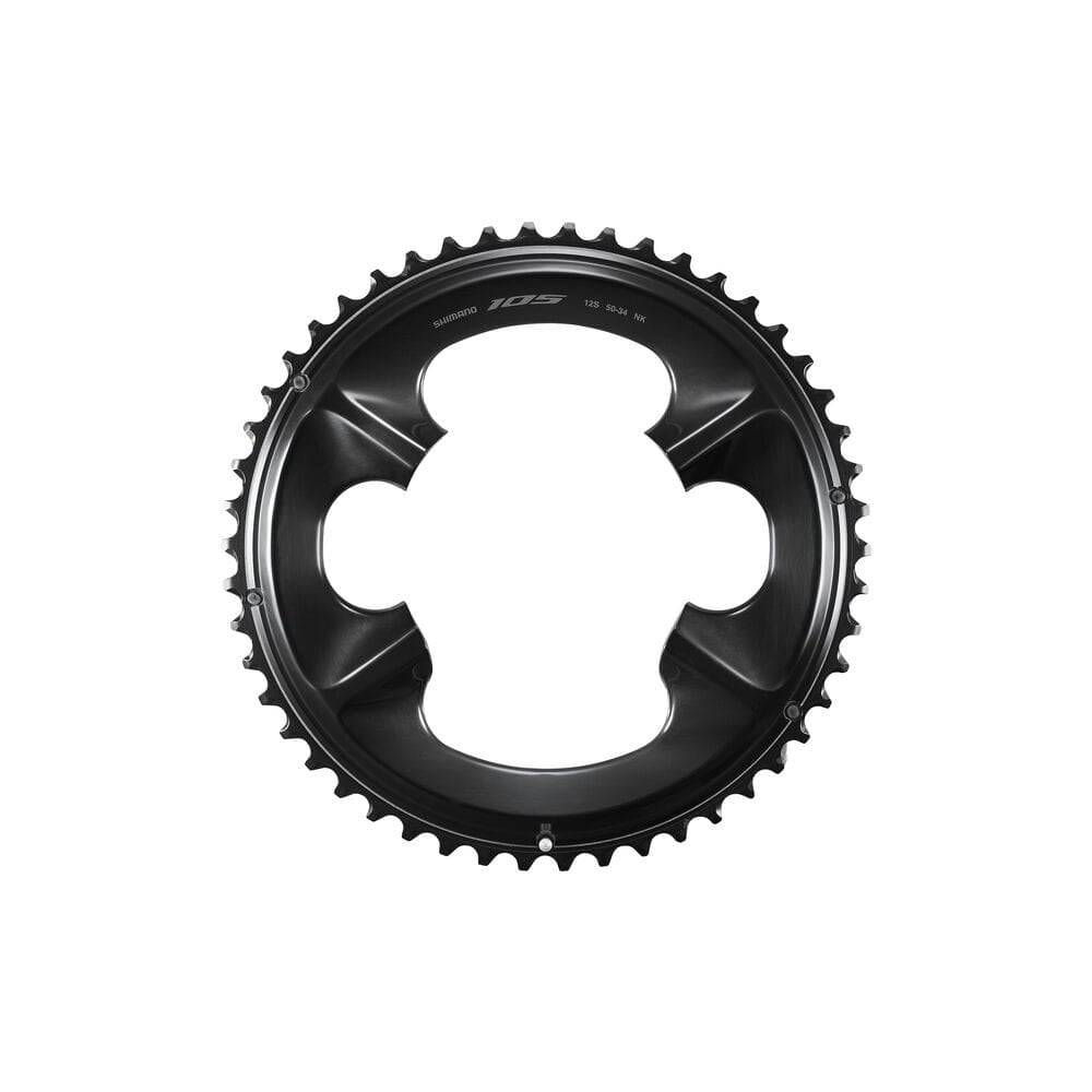 Shimano 105 FC-R7100 12-speed 50T outer chainring for 50/34T crankset, close-up of black metal bike component.