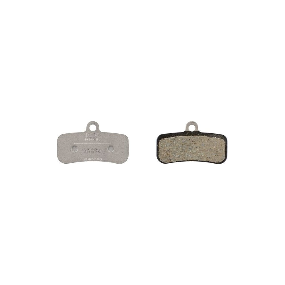 Shimano D03S-RX resin disc brake pads with steel back and spring for e-bike components, showing the brake pad details.