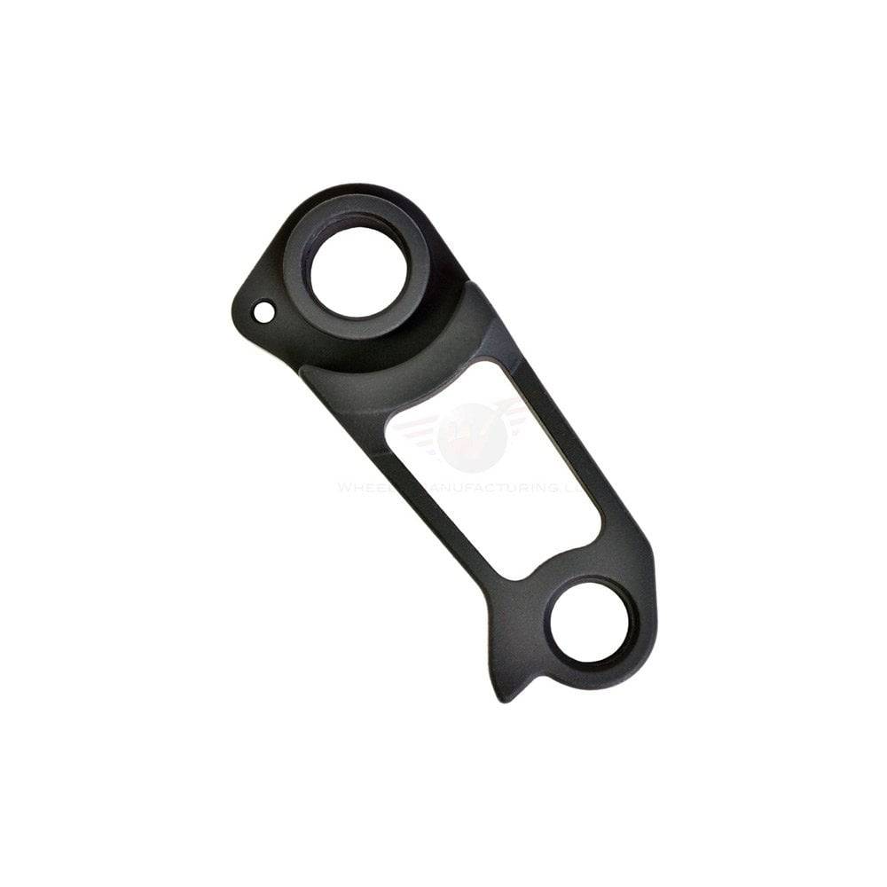 Wheels Manufacturing replaceable derailleur hanger dropout for bike frames, component part with mounting holes and metal finish.