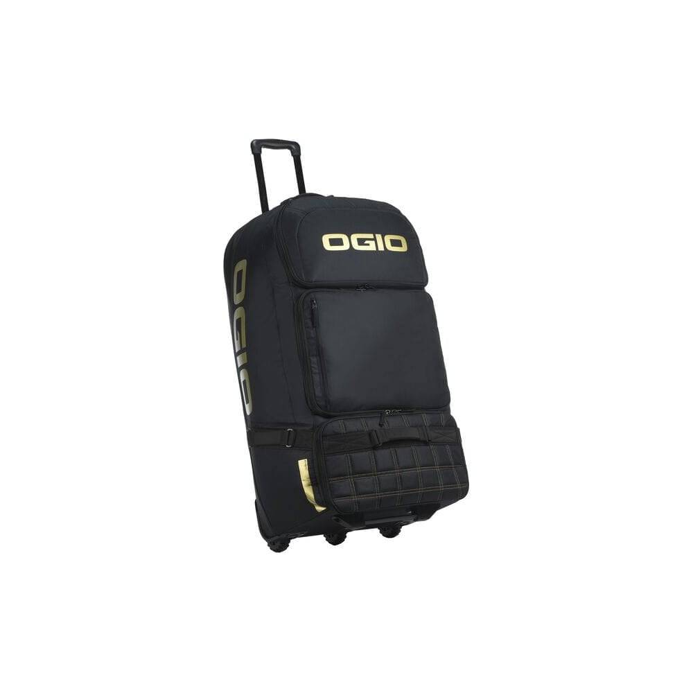 OGIO Dozer black luggage with multiple compartments, including boot and helmet sections, 3-wheel travel bag for accessories.