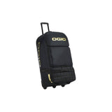 OGIO Dozer black luggage with multiple compartments, including boot and helmet sections, 3-wheel travel bag for accessories.