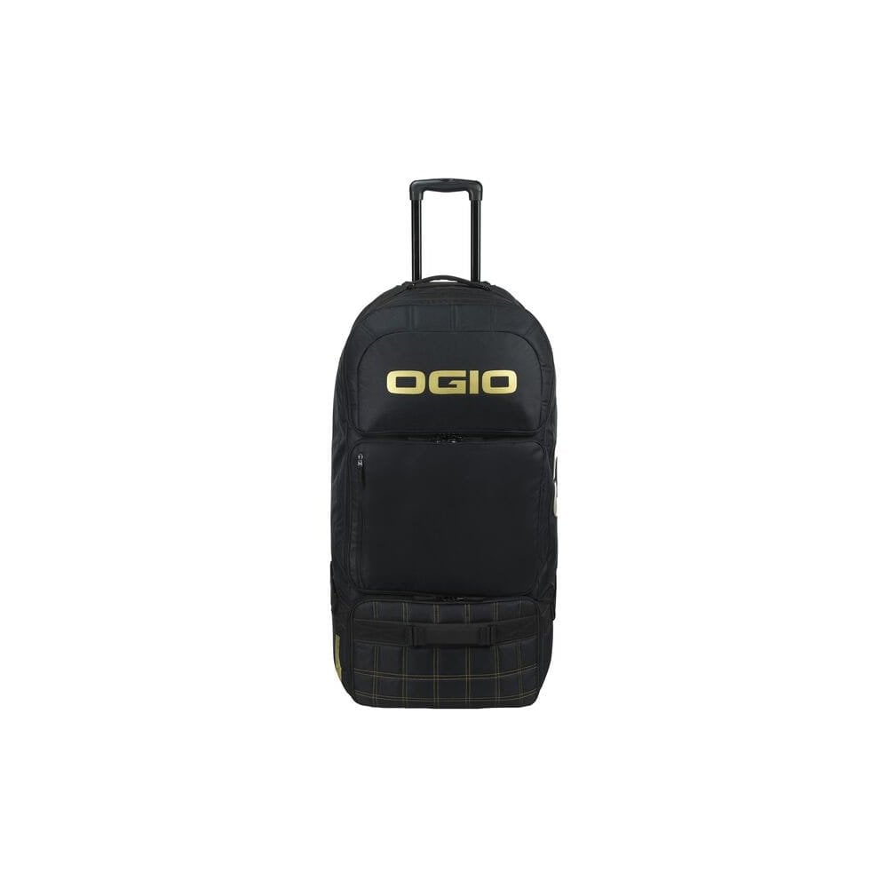 OGIO Dozer black travel luggage with boot and helmet compartments, 3-wheel design, durable accessory for travel and gear storage.