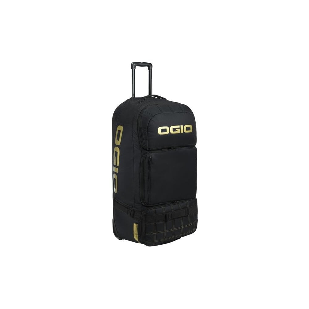 OGIO Dozer black luggage with boot and helmet compartments, 3-wheel travel bag for accessories and gear.