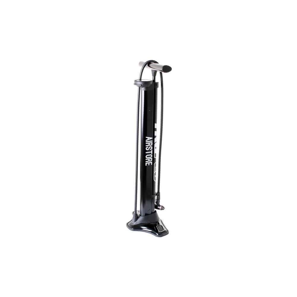 Truflo Airstore track pump with auxiliary storage cylinder for tubeless tires, black and silver, with pressure gauge and hose attachment.
