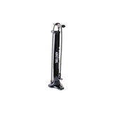 Truflo Airstore track pump with auxiliary storage cylinder for tubeless tires, black and silver, with pressure gauge and hose attachment.