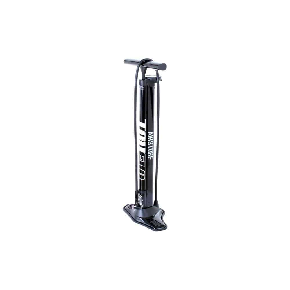 Truflo Airstore track pump with auxiliary storage cylinder for tubeless tires, featuring a compact design and easy-to-use hand pump.