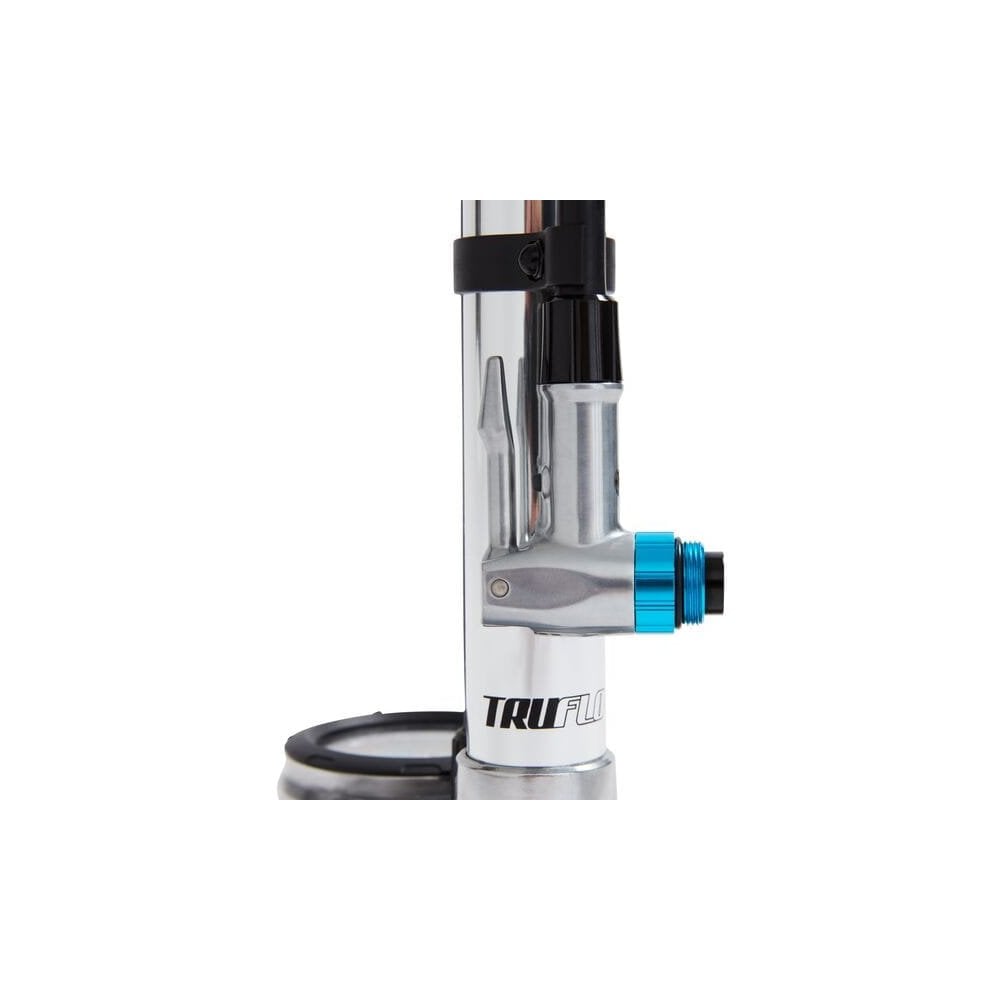 Truflo Classictrax floor pump with 240 PSI gauge for Presta and Schrader valves, durable bike accessory for tire inflation.