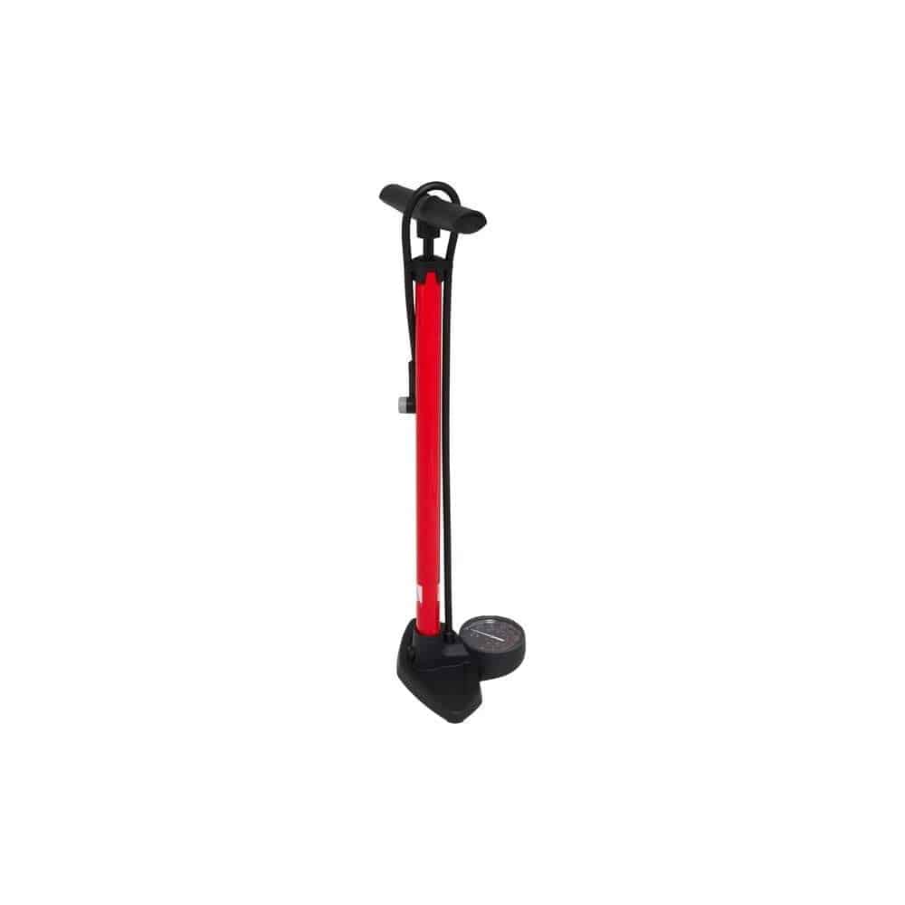 M Part Essential bike floor pump with auto-select head and 180 PSI gauge, designed for efficient tire inflation.