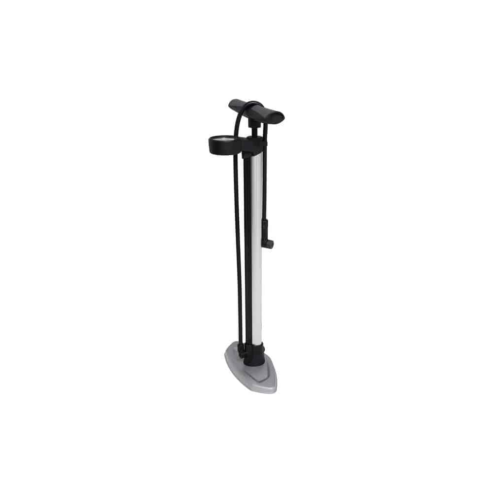 M Part Primo floor pump with dual scale gauge for Presta and Schrader valves, portable bike pump accessory with easy-to-read pressure gauge.