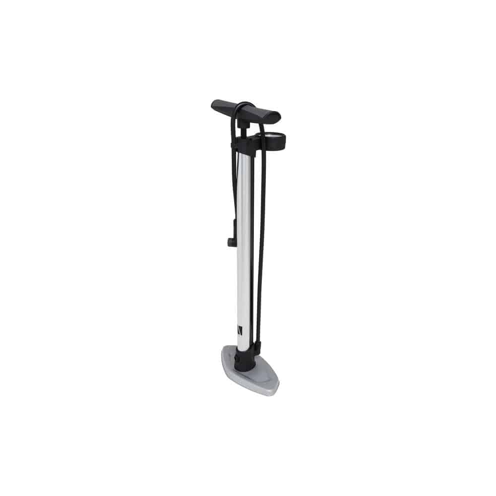 M Part Primo floor pump with dual scale gauge for Presta and Schrader valves, black and silver handheld bicycle pump accessory