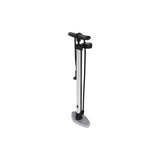 M Part Primo floor pump with dual scale gauge for Presta and Schrader valves, black and silver handheld bicycle pump accessory