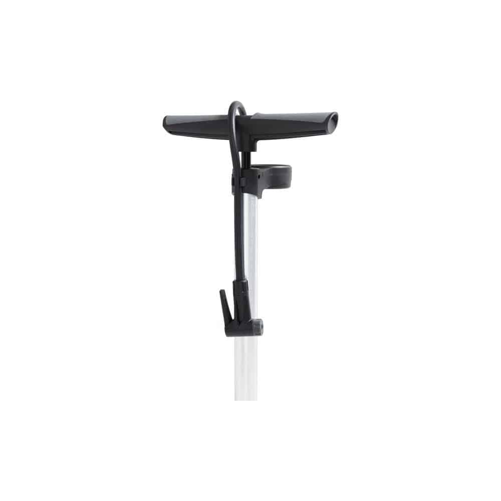 M Part Primo floor pump with dual scale gauge for Presta and Schrader valves, used for bike tire inflation and maintenance.