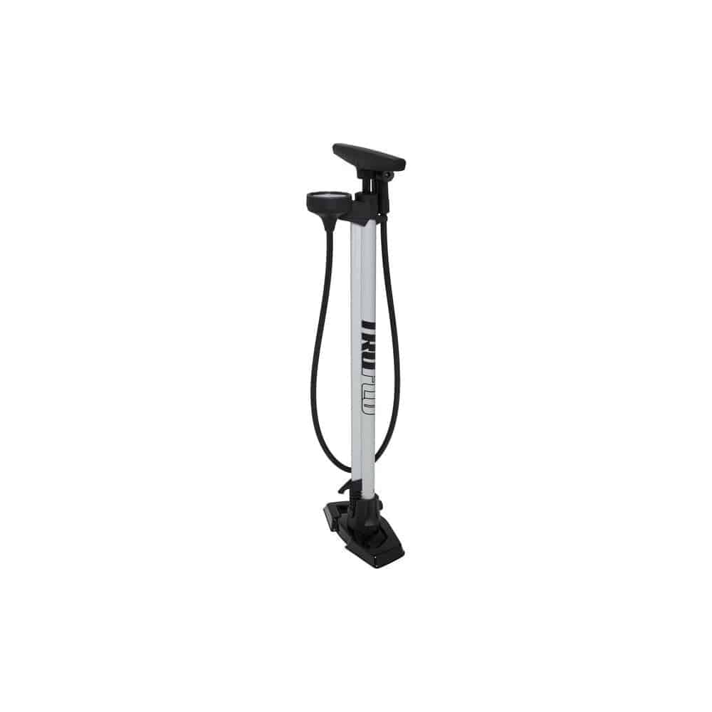 Truflo Maxtrax 4 floor pump with auto-select head and 2.5-inch gauge, showcasing the pump's handle, gauge, and auto-inflate features.