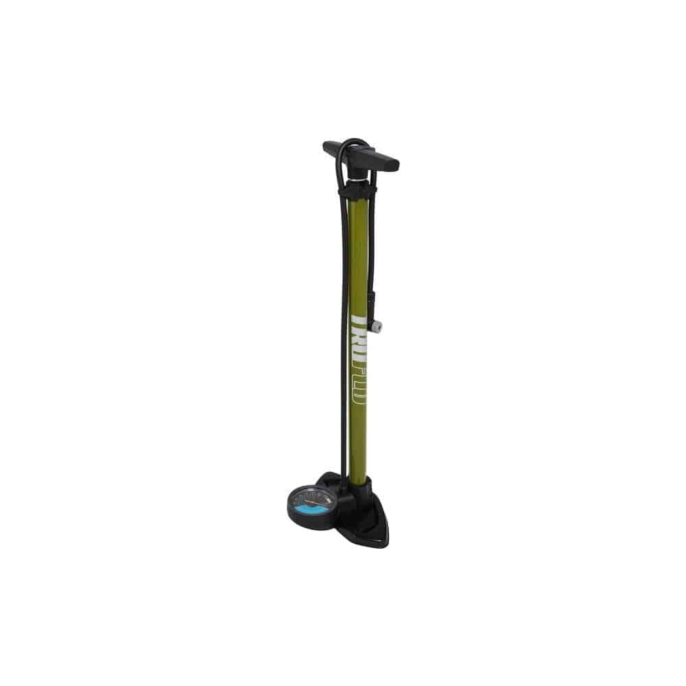 Truflo Supertrax floor pump with dual pressure gauges, high volume and pressure bike pump, black and silver design.