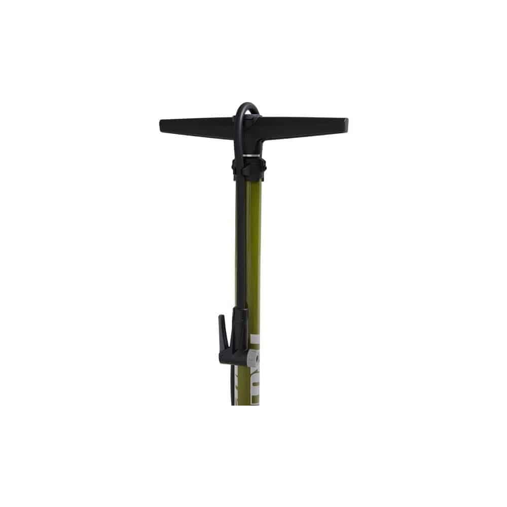 Truflo Supertrax floor bike pump with dual pressure gauges, high volume and pressure capacity, orange handles, and sturdy metal base.