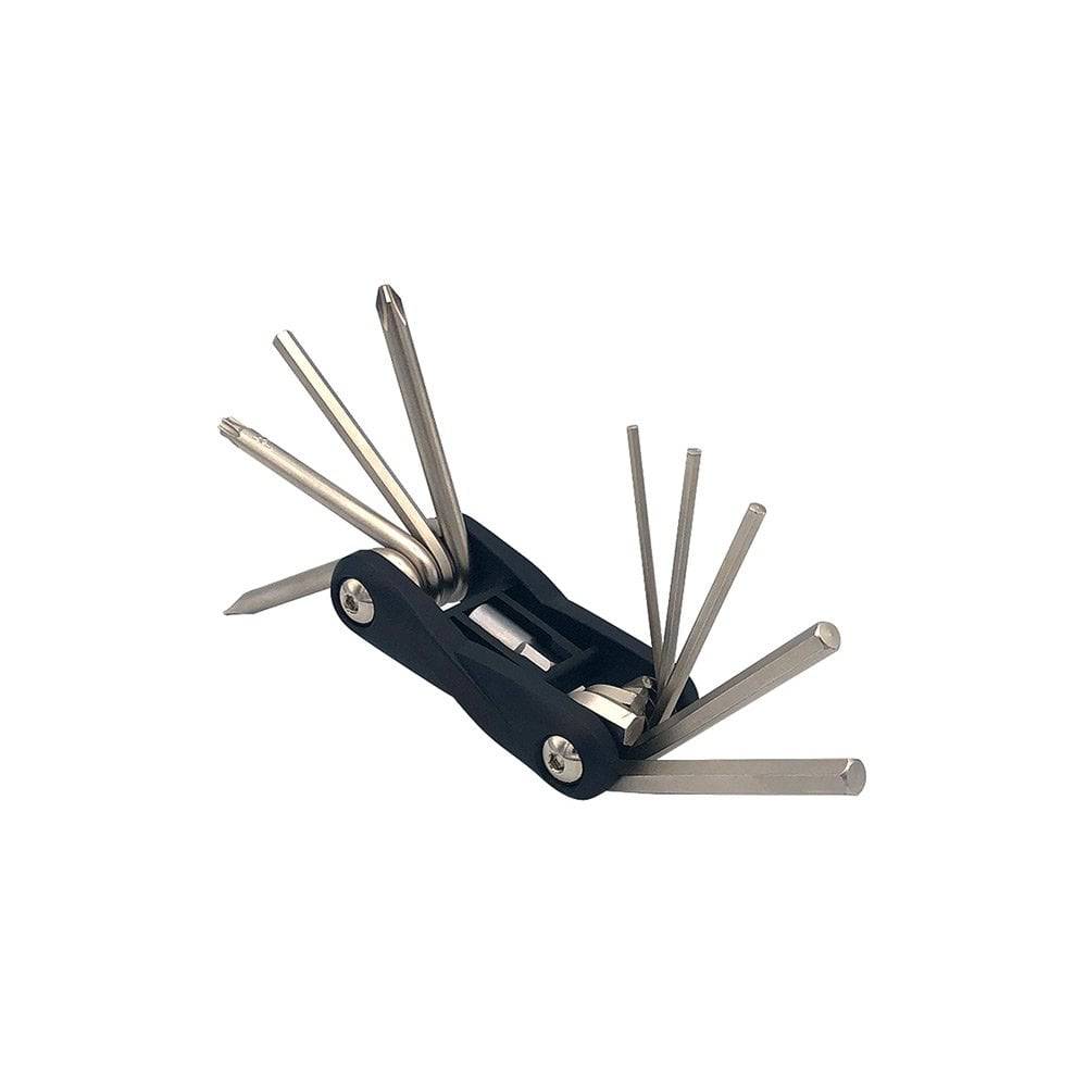 M Part 10-function multi-tool with hex keys, Torx, and screwdrivers for workshop use, compact and versatile for various tasks.