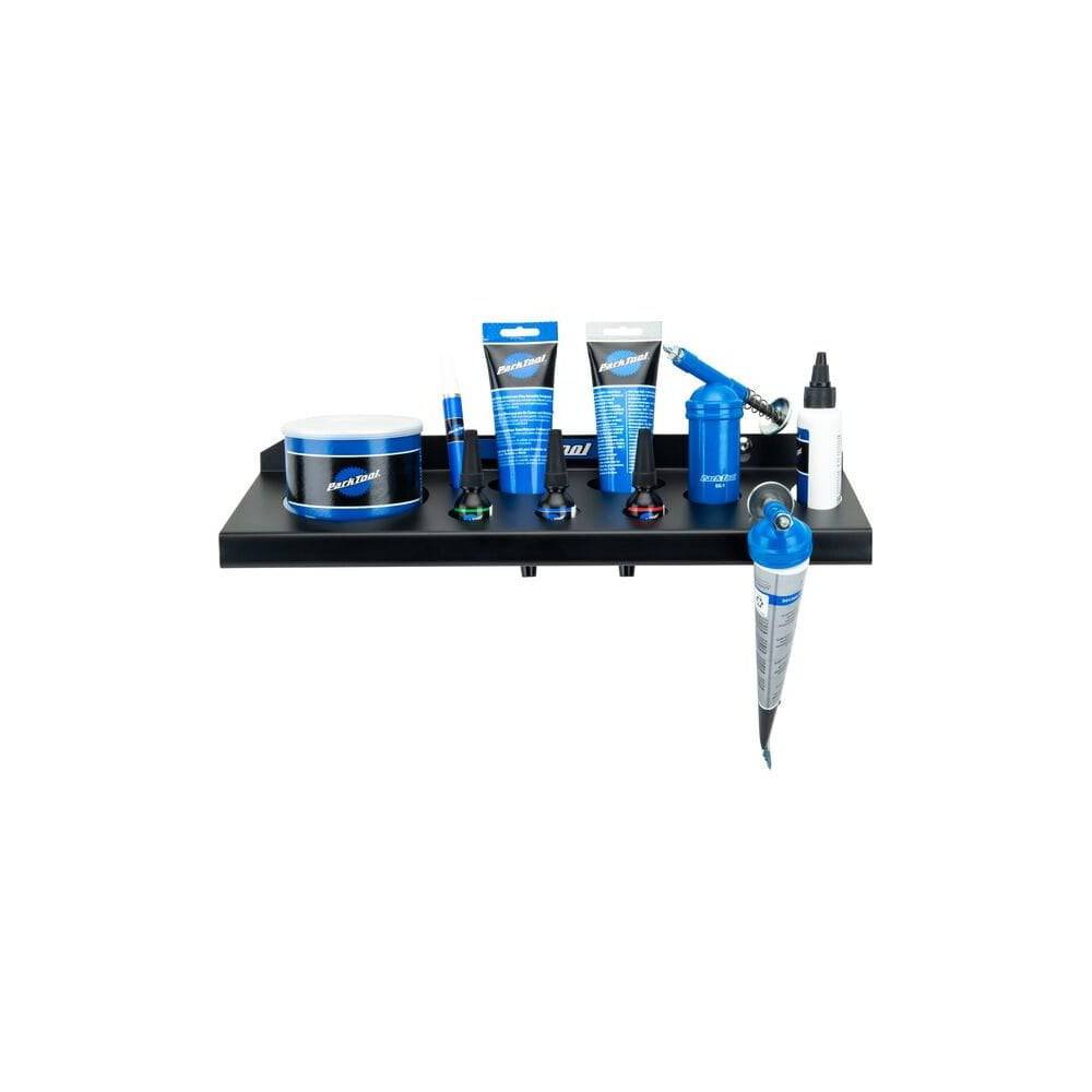 Park Tool JH-2 wall-mounted workshop organizer for lubricants and compounds, with multiple storage compartments.
