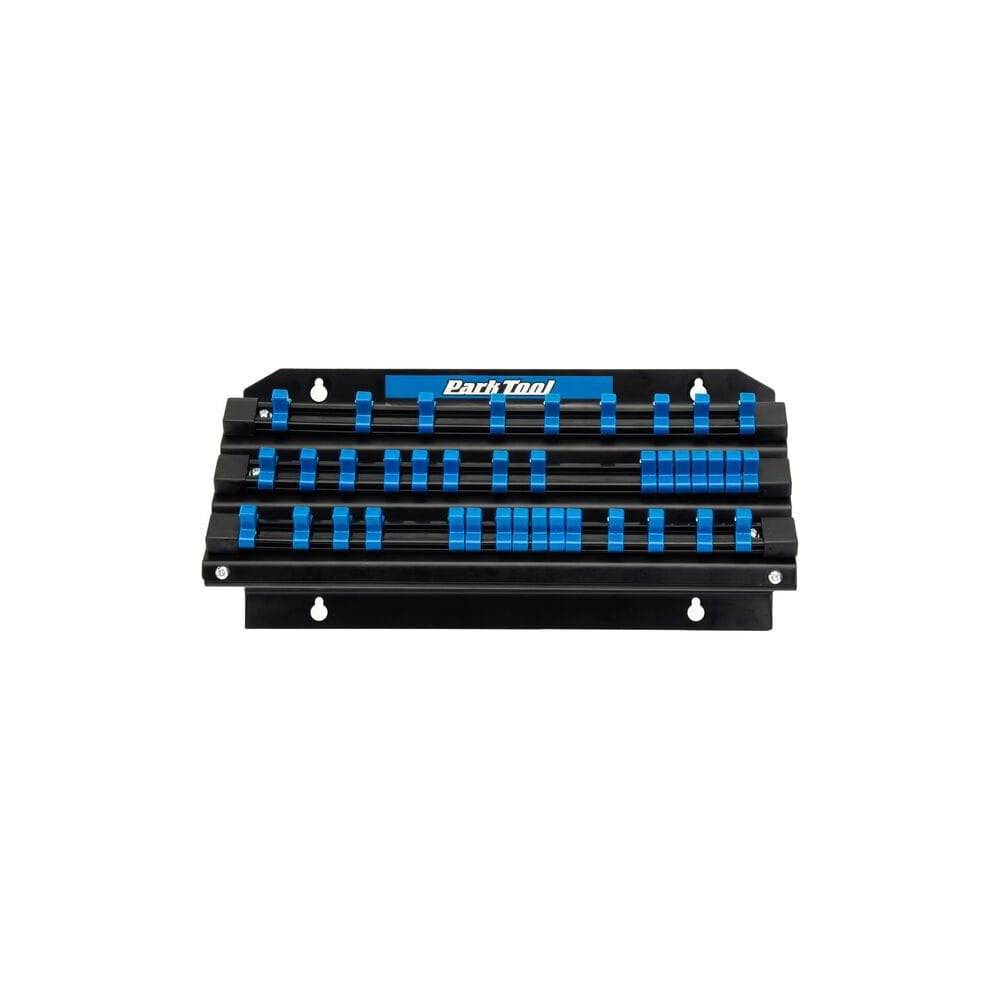 Park Tool JH-3 wall-mounted socket, bit, and torque tool organizer for workshop storage, shown mounted on a workshop wall.