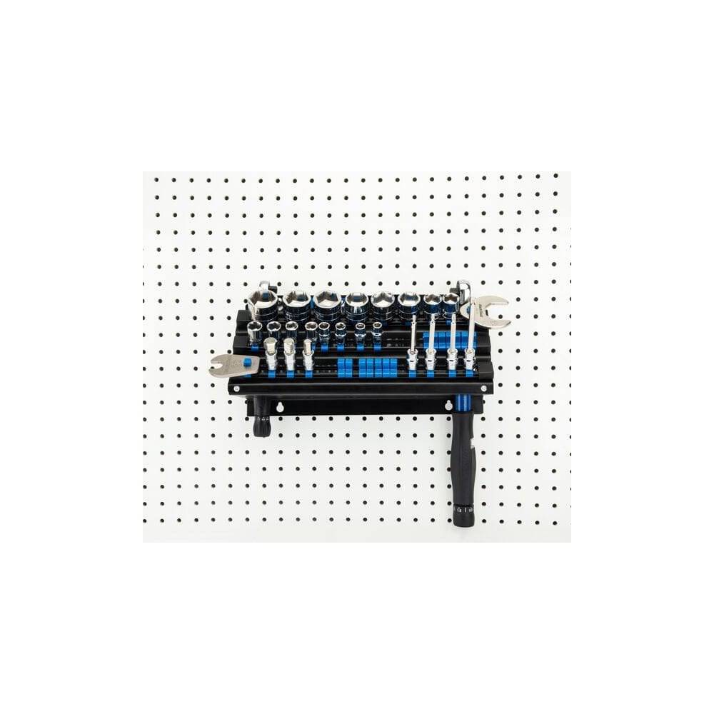 Park Tool JH-3 wall-mounted socket, bit, and torque tool organizer for workshop storage, holding tools neatly on the wall.