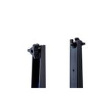 Park Tool TS-2TA.3 thru axle adapters for TS-2 and TS-2.2 professional bike truing stands, shown attached to the stand in workshop setting.