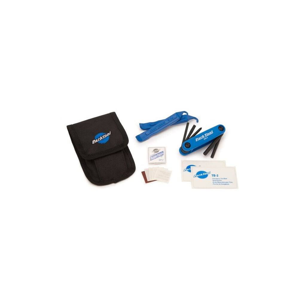 Park Tool WTK-2 bike tool kit with essential repair tools arranged in a workshop setting for roadside and basic bike maintenance.