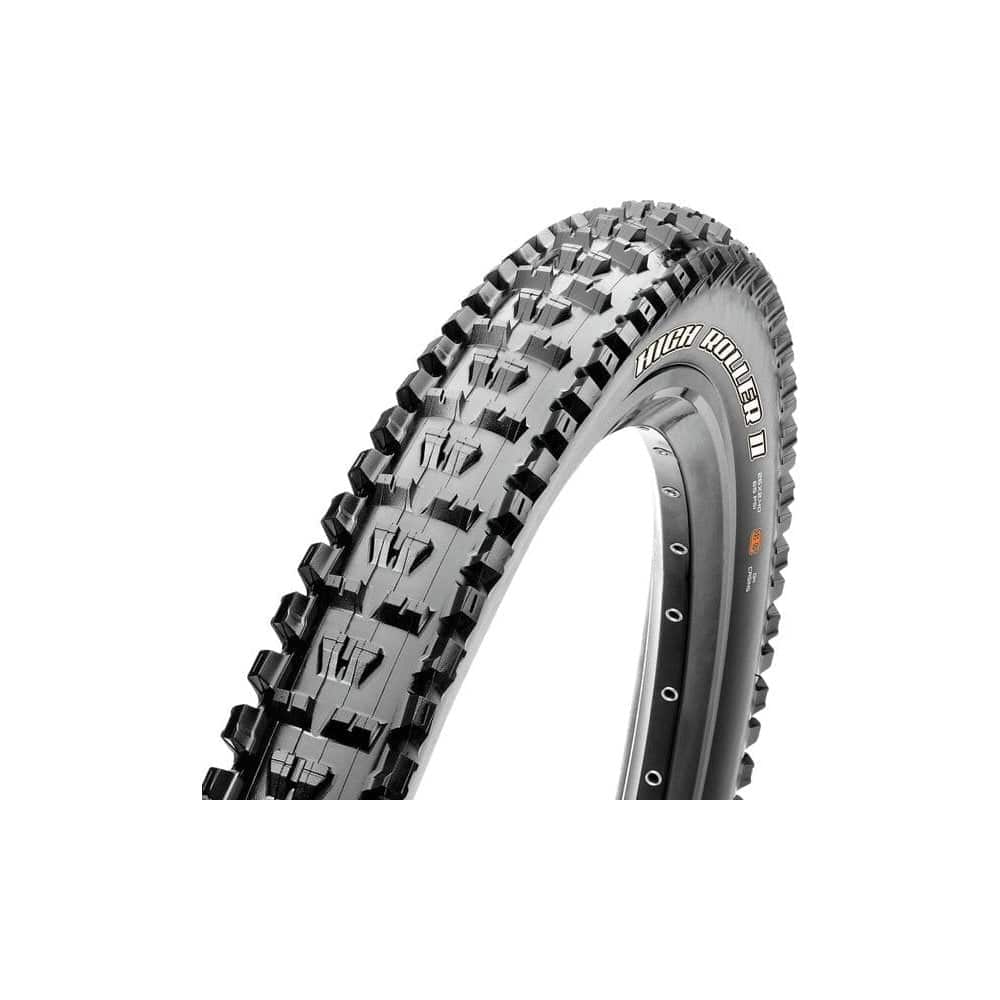 Maxxis High Roller II tubeless mountain bike tyre with EXO protection, featuring knobby tread for rugged trail riding.