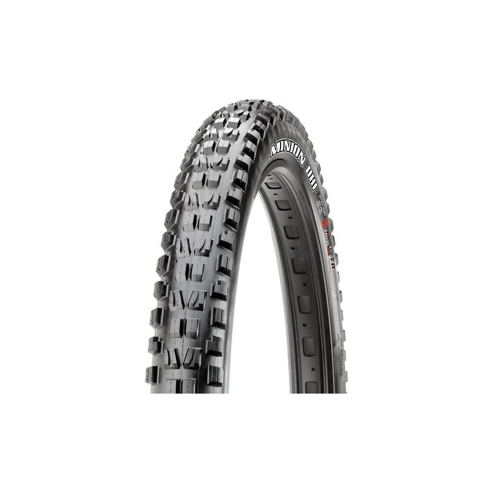 Maxxis Minion DHF mountain bike tubeless-ready tire with EXO protection, featuring aggressive tread for downhill and trail riding.
