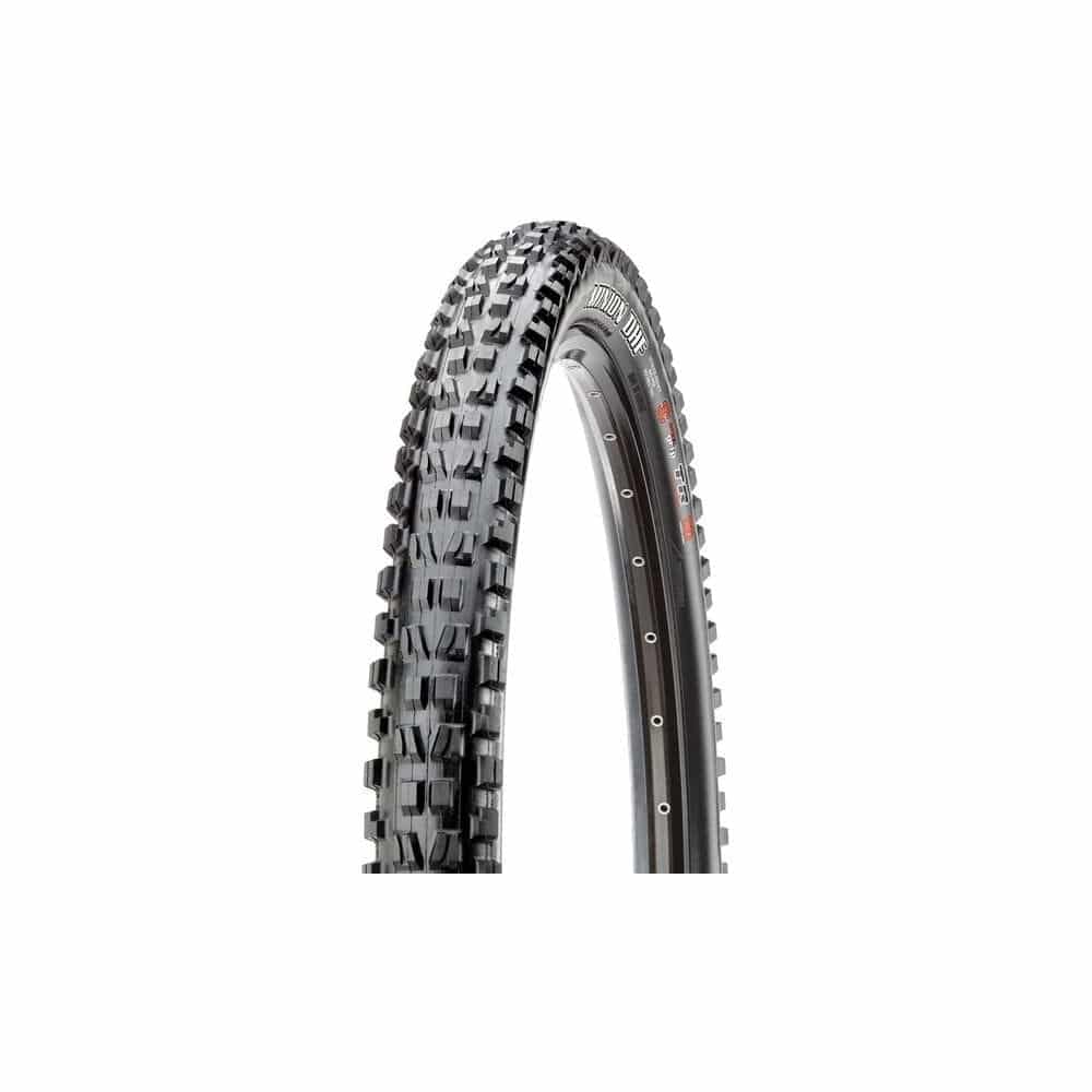 Maxxis Minion DHF downhill mountain bike tire with 3C MaxxGrip compound, showing aggressive tread pattern for MTB trails