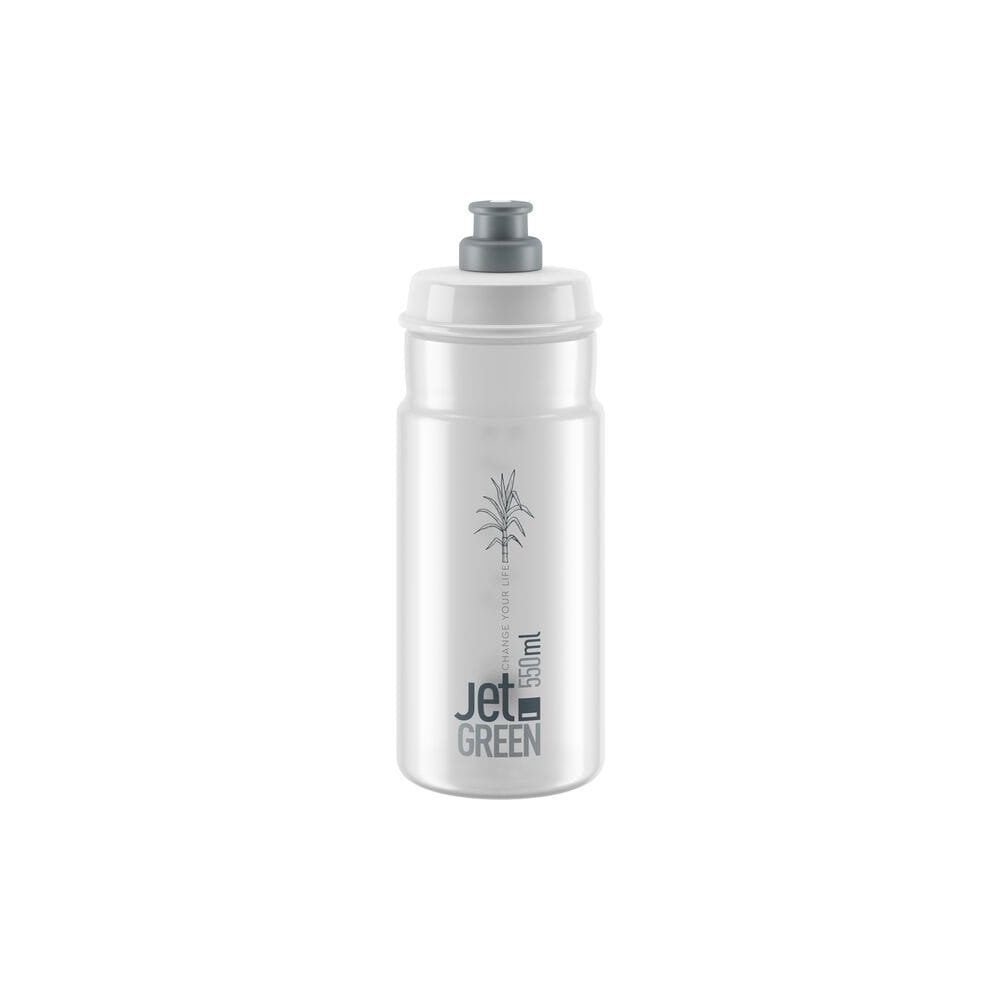 Elite Bottles Jet Green eco-friendly recyclable cycling water bottle with high-flow valve, shown with a sleek design and durable material.