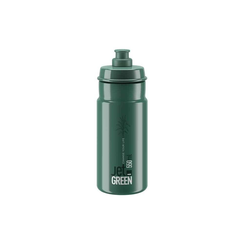 Elite Bottles Jet Green eco-friendly recyclable cycling water bottle with high-flow valve, shown with a clear view of the bottle and valve.