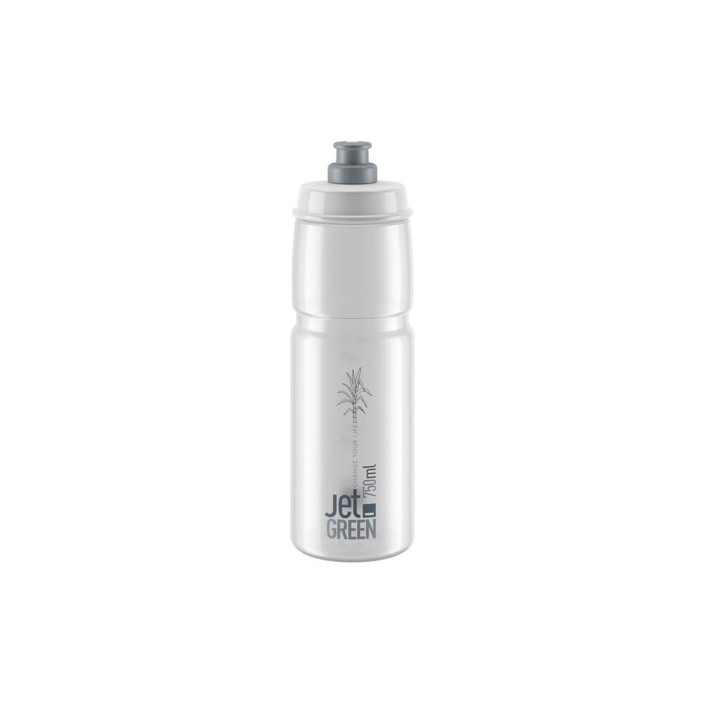 Elite Bottles Jet Green eco-friendly recyclable cycling water bottle with high-flow valve, shown with a sleek, smooth design and cap.