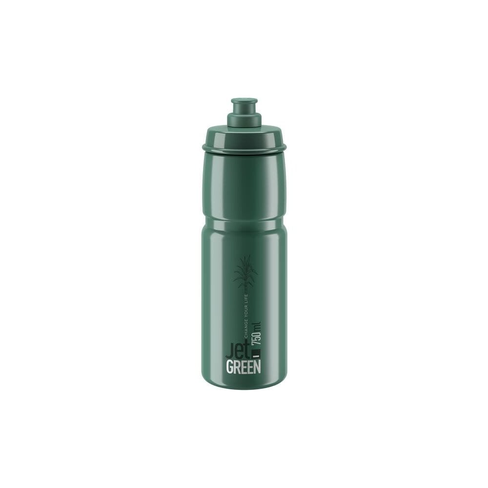 Elite Bottles Jet Green eco-friendly recyclable cycling water bottle with high-flow valve, designed for outdoor cycling accessories.