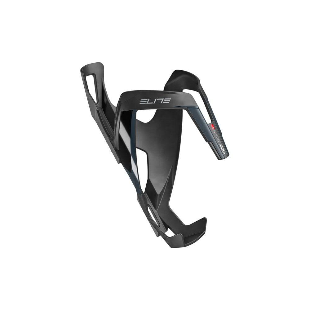 Elite Vico carbon bottle cage for cycling, lightweight Italian cycling accessory, shown holding a water bottle on a bike.
