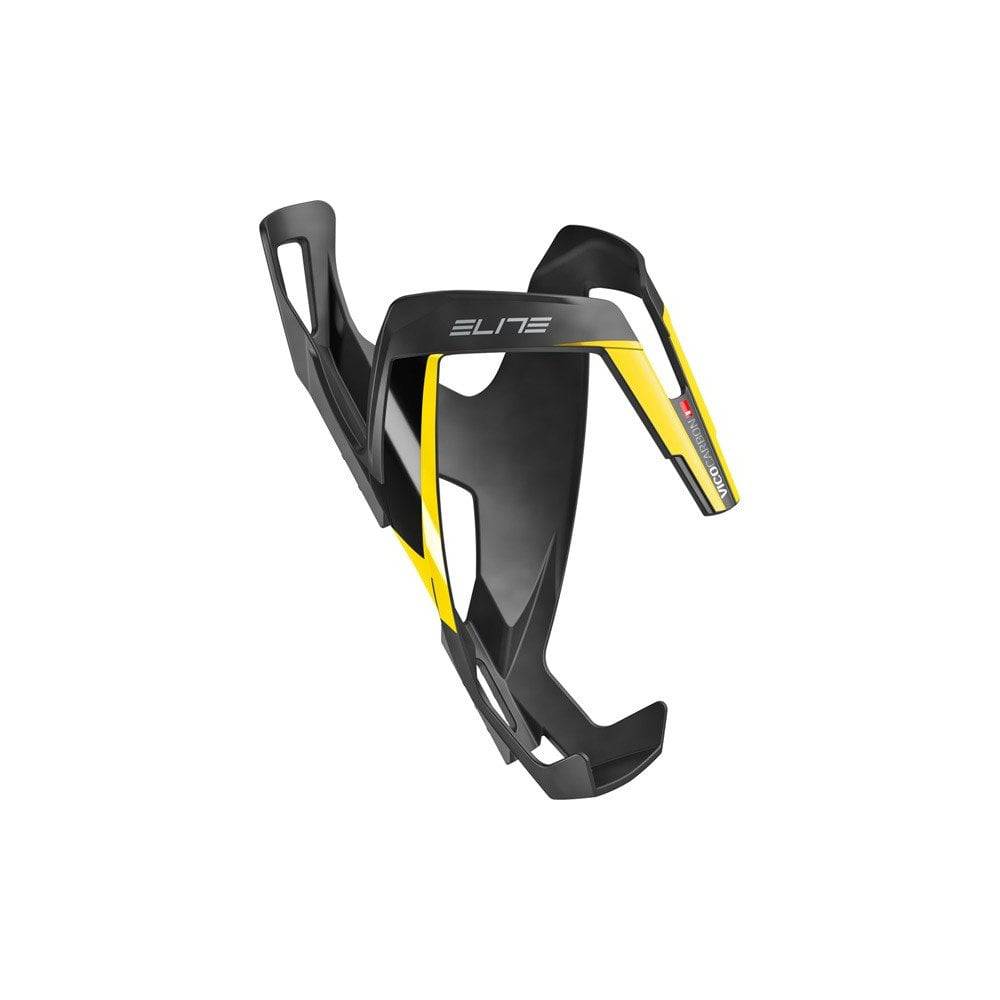 Elite Vico carbon bottle cage, lightweight Italian cycling accessory mounted on a bike frame, designed to hold water bottles securely.