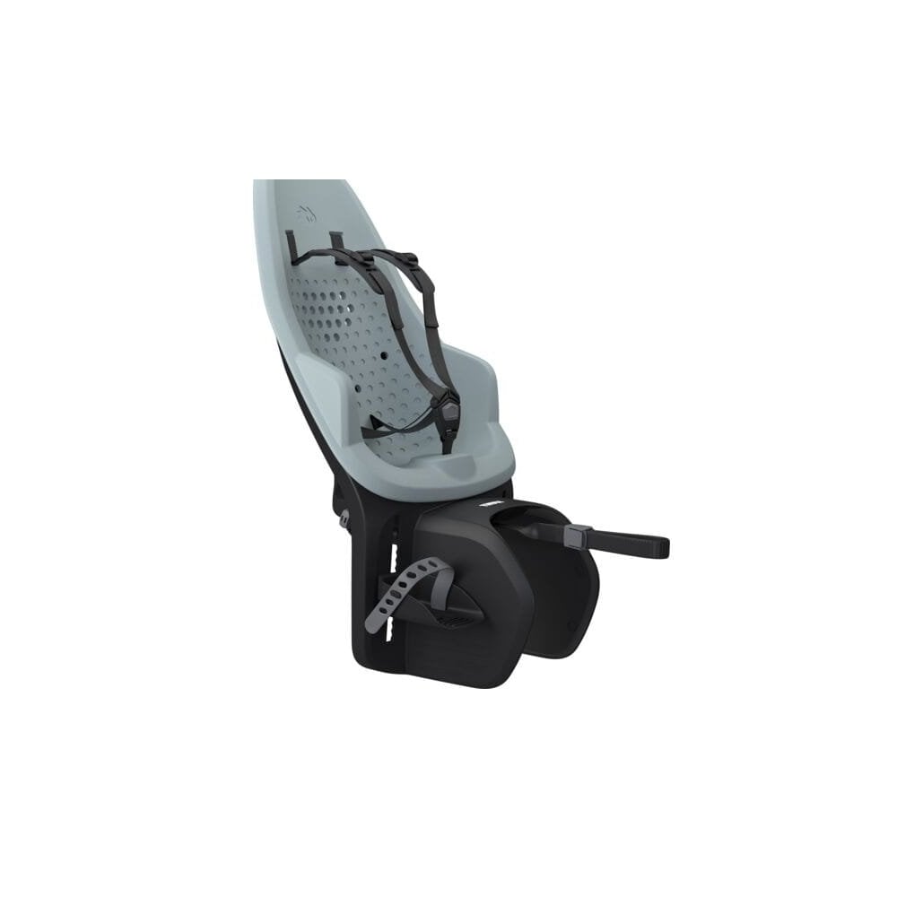 Thule Yepp 2 Maxi child seat rear rack mount for bike accessories, showing mounting hardware and safety features.