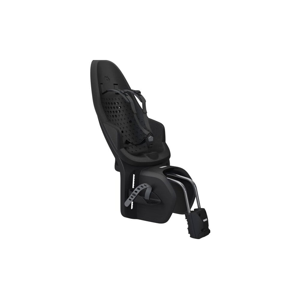 Thule Yepp 2 Maxi child bike seat with rear mount, safety harness, and adjustable straps for secure riding.