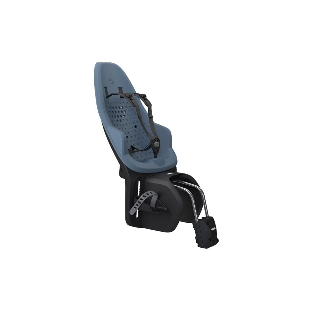 Thule Yepp 2 Maxi child bike seat rear mount with safety harness, includes seat tube attachment and adjustable straps.