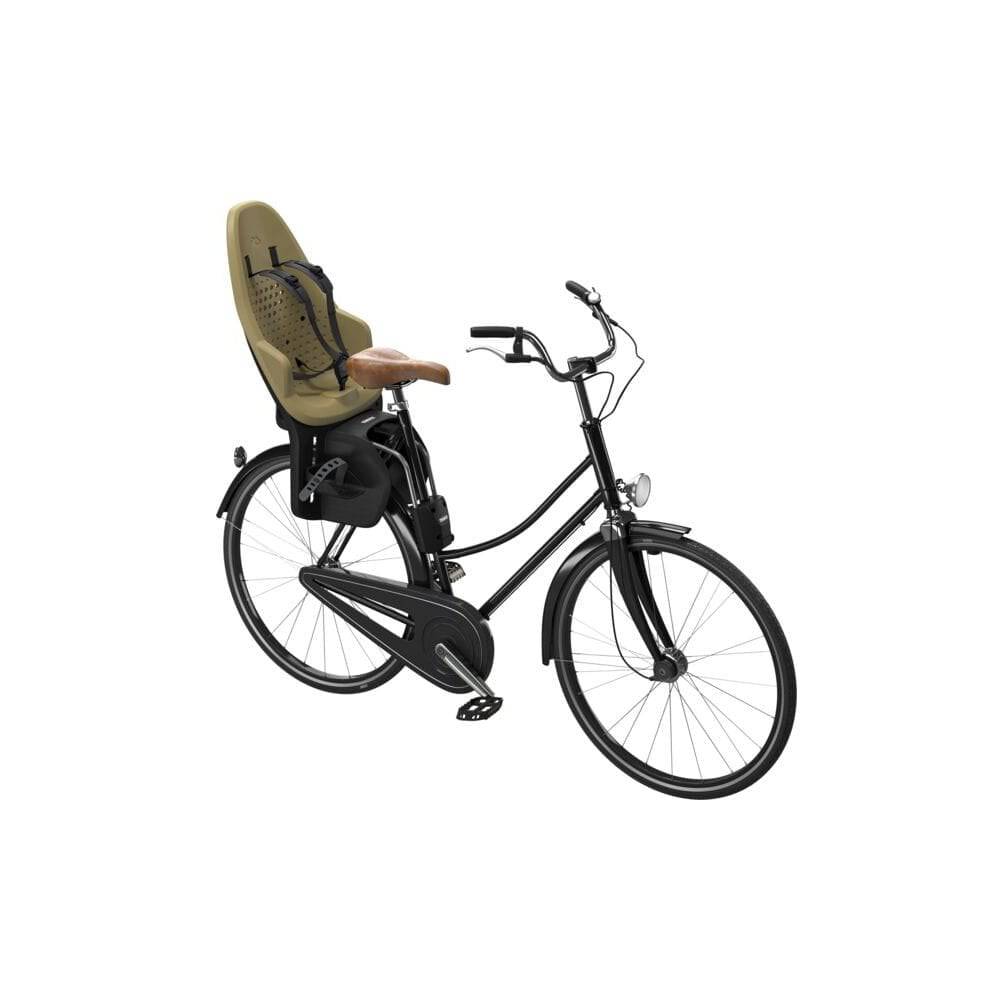 Thule Yepp 2 Maxi child bike seat rear mount with safety harness and tube attachment for secure cycling with kids.