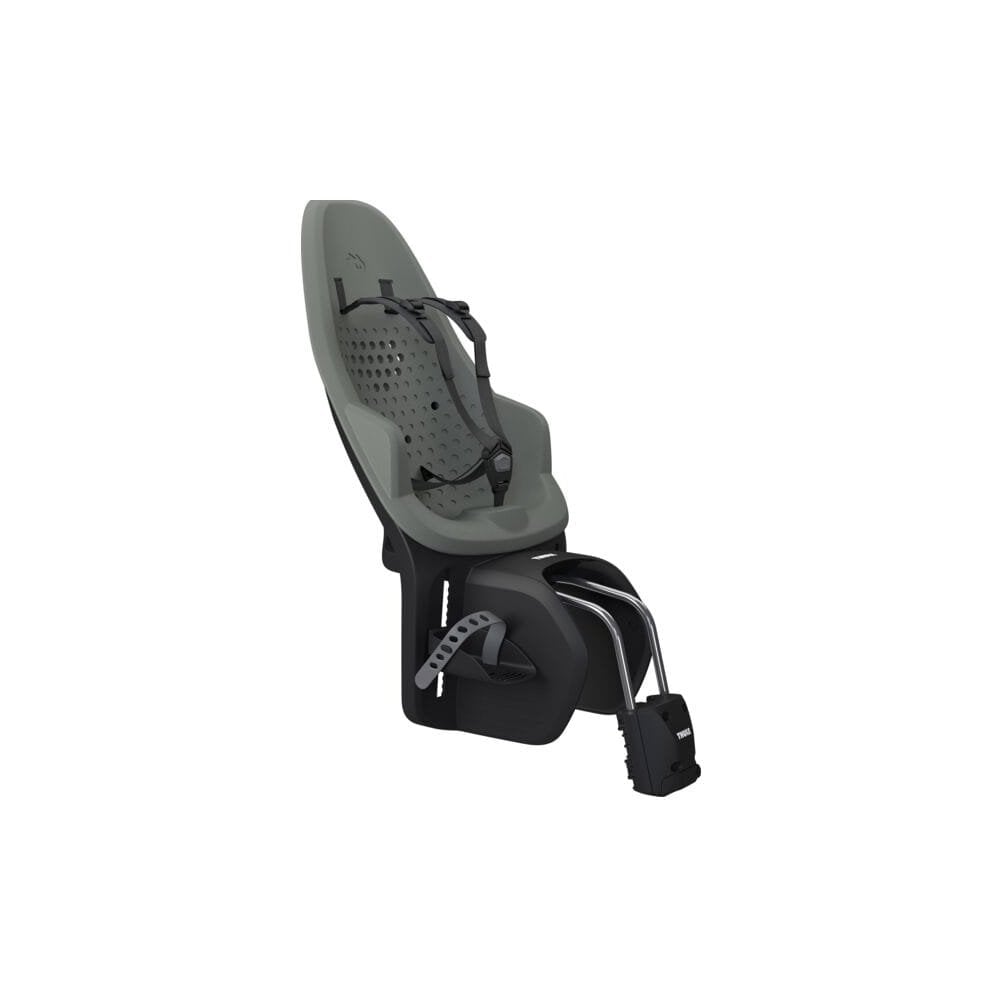 Thule Yepp 2 Maxi child bike seat with rear tube mount and safety harness for secure child riding comfort.