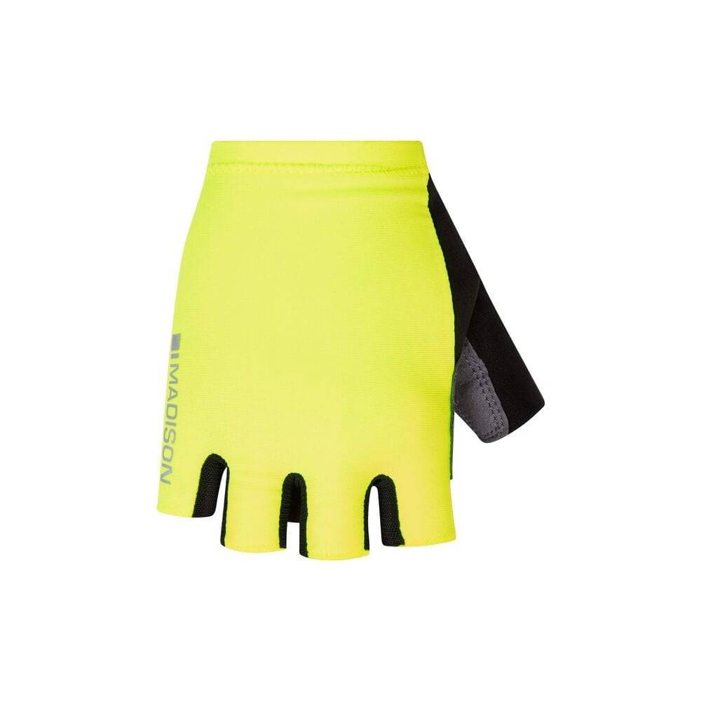 Madison Freewheel cycling gloves with padded grip, reflective prints, and breathable fabric for comfortable biking.
