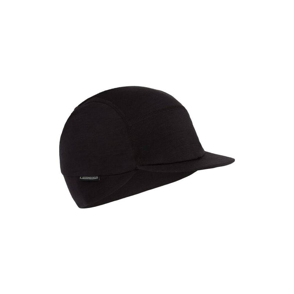 Madison Isoler Merino Wool winter cycling cap with peaked brim, designed for warmth and style in cold weather.