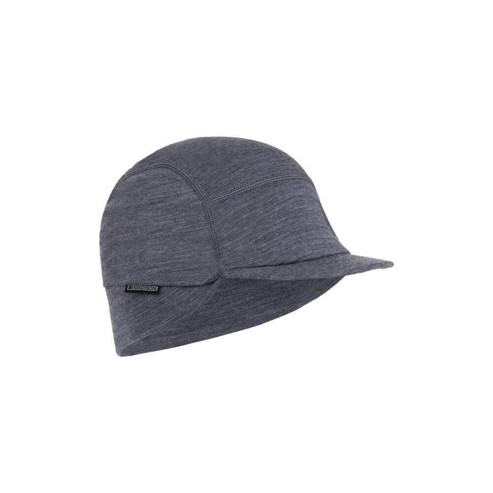 Madison Merino Wool winter cycling cap with peaked brim, insulated headwear for cold weather outdoor activities.