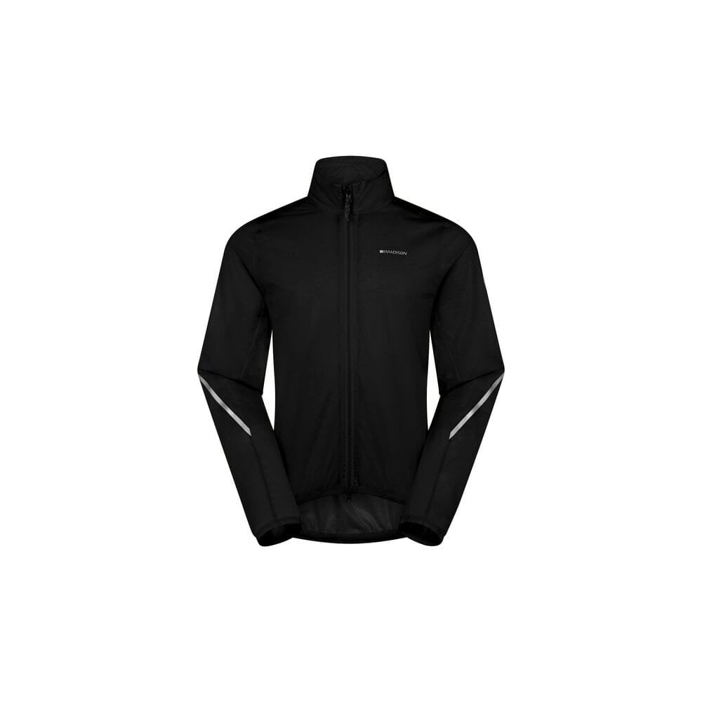 Madison Flux 2L waterproof jacket with reflective inserts and stretch fabric, shown in a compact, packable design for outdoor activities.