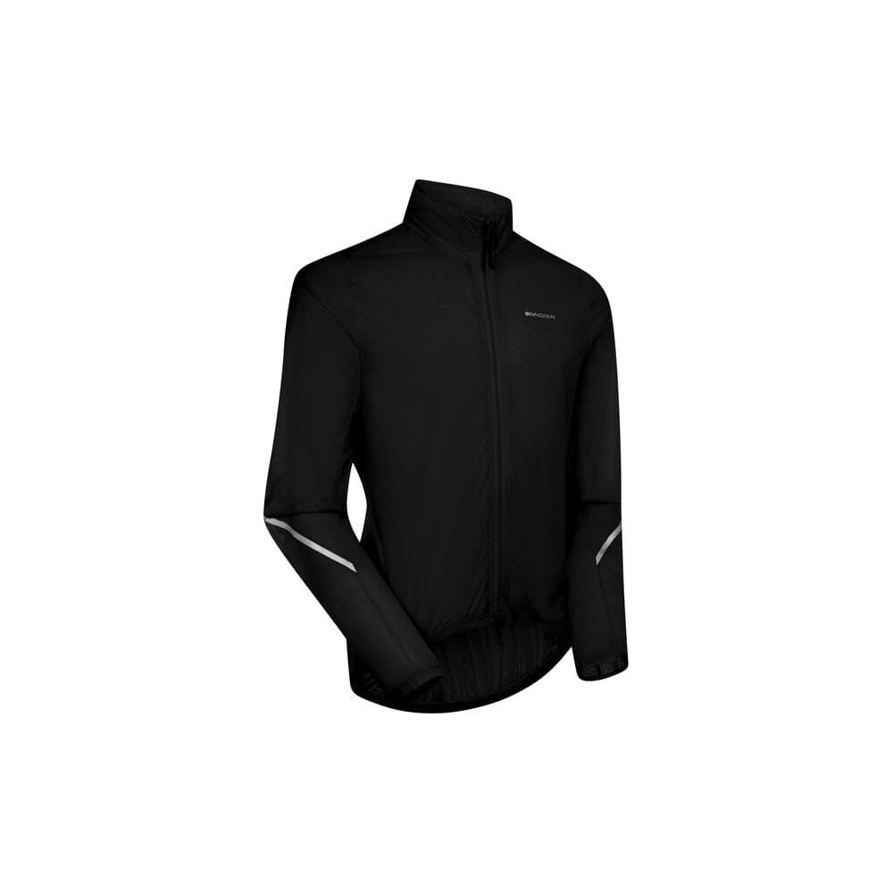 Madison Flux 2L waterproof jacket with reflective inserts and stretch fabric, shown in a compact, packable design for outdoor use.