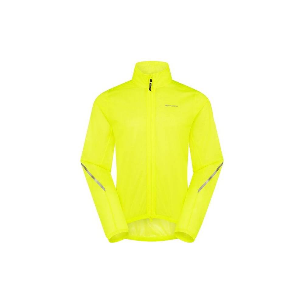 Madison Flux 2L waterproof jacket with reflective inserts, stretch fabric, and ultra-packable design for outdoor activities.