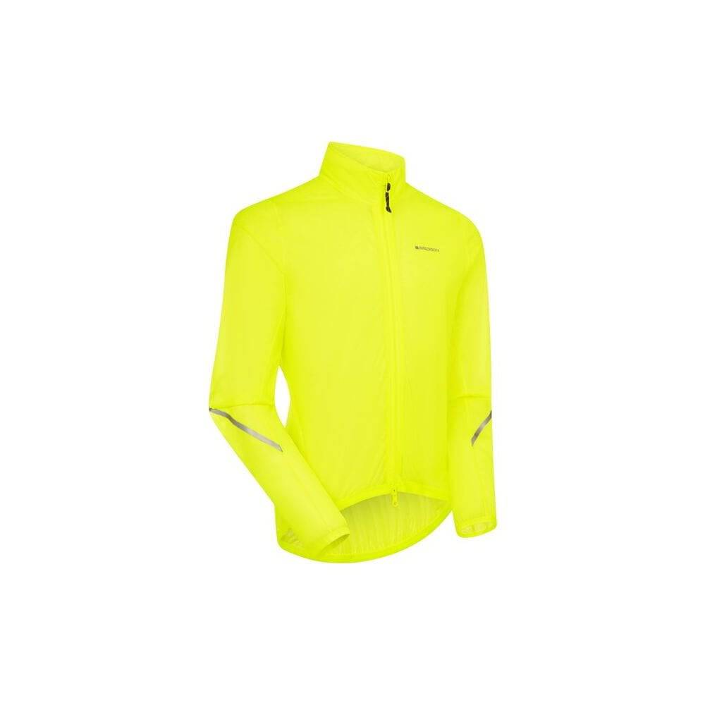 Madison Flux 2L waterproof jacket with stretch fabric, reflective inserts, ultra-packable design, ideal for outdoor activities.