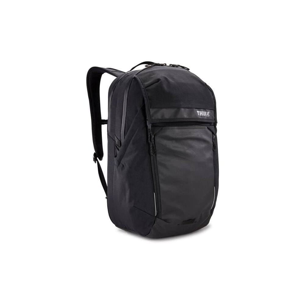 Thule Paramount Commuter Backpack with waterproof fabric, organized storage, reflective rain cover, 27L capacity, accessories.