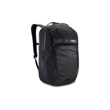 Thule Paramount Commuter Backpack with waterproof fabric, organized storage, reflective rain cover, 27L capacity, accessories.