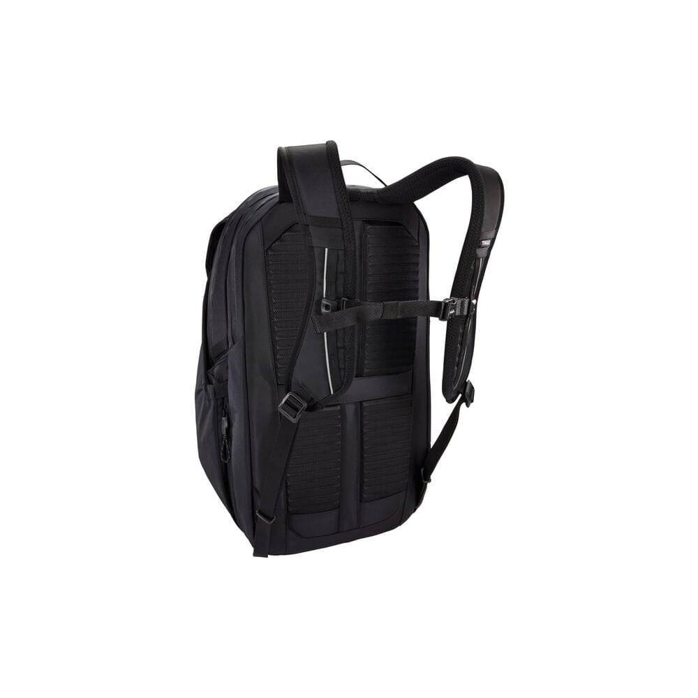 Thule Paramount Commuter Backpack in black with waterproof design, organized compartments, reflective rain cover, 27L capacity.